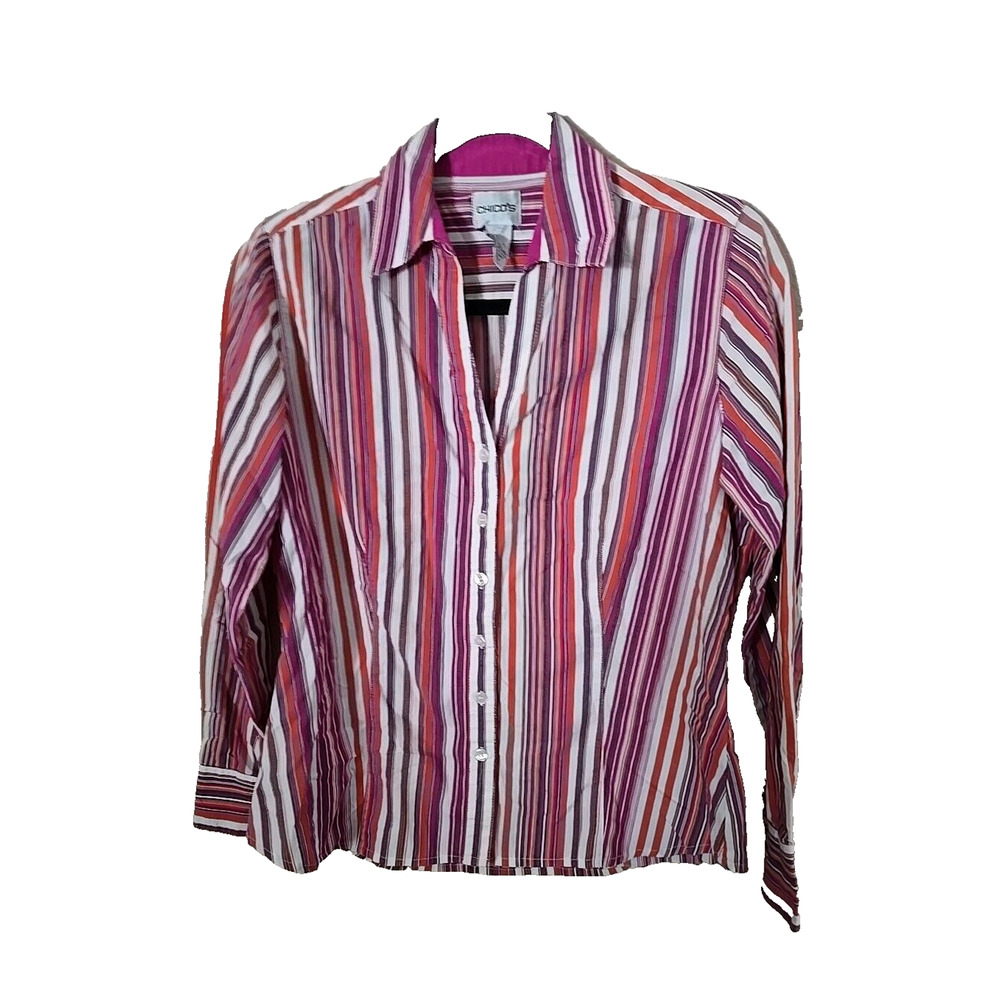 Chico's Pink‎ Striped Long Sleeve Career Casual Button Down Shirt Womans Size SM